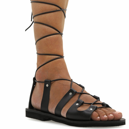 Ancient Greek Leather Calf Tie up White Gladiator Sandals | Emmanuela