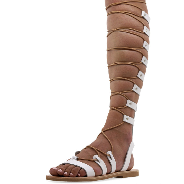 Emmanuela - handcrafted for you® Kniehohe Gladiator-Sandalen zum Schnüren "Jocasta" aus Weiße leder