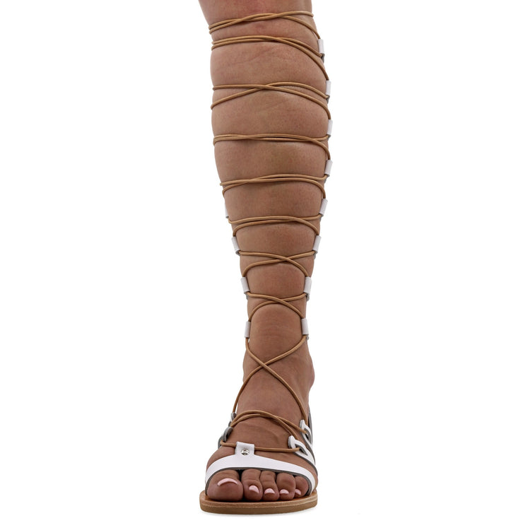 Emmanuela - handcrafted for you® Kniehohe Gladiator-Sandalen zum Schnüren "Jocasta" aus Weiße leder