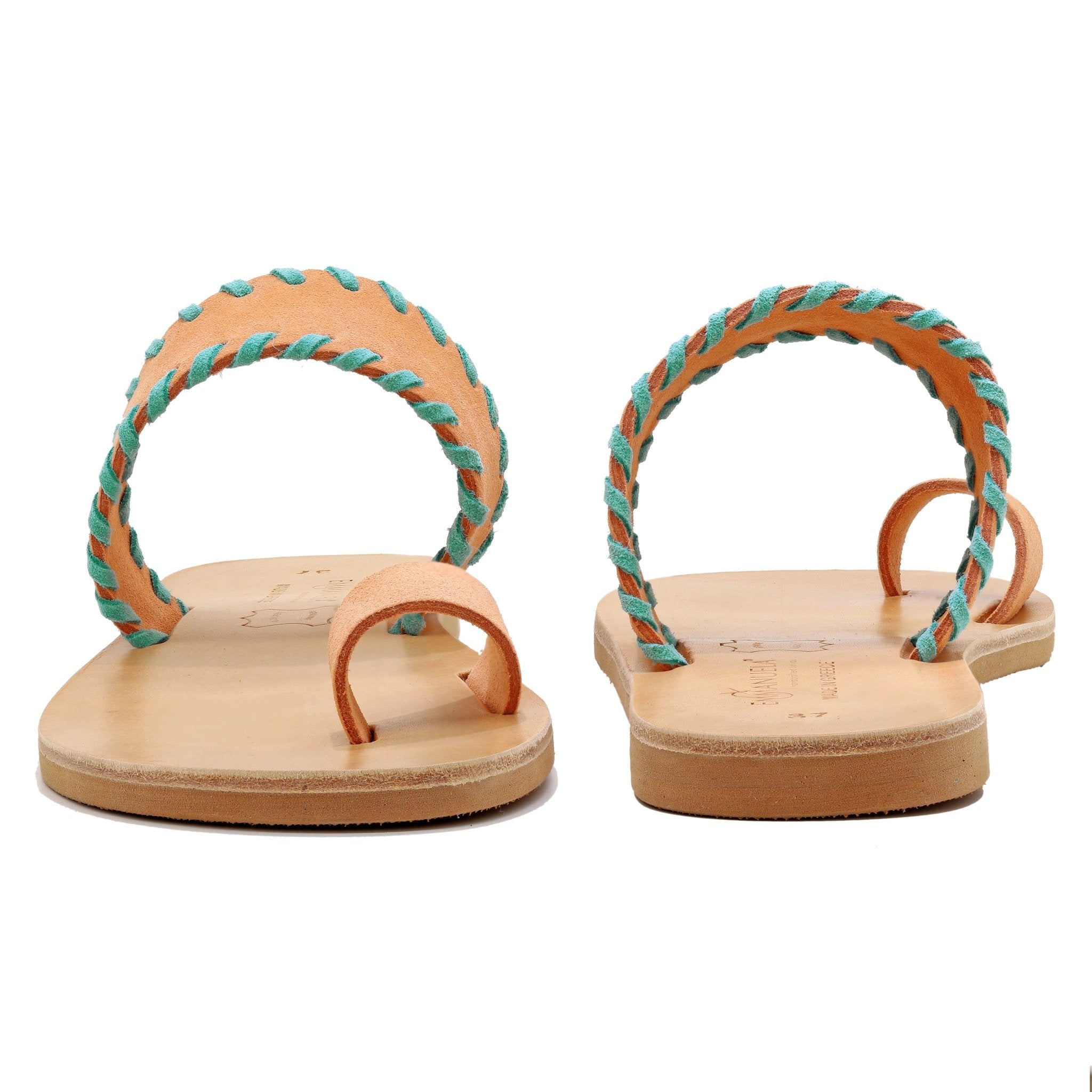 Δερμάτινα Σανδάλια παντόφλες "Πόρος" - Μουσταρδί με τιρκουάζ - Emmanuela - handcrafted for you®