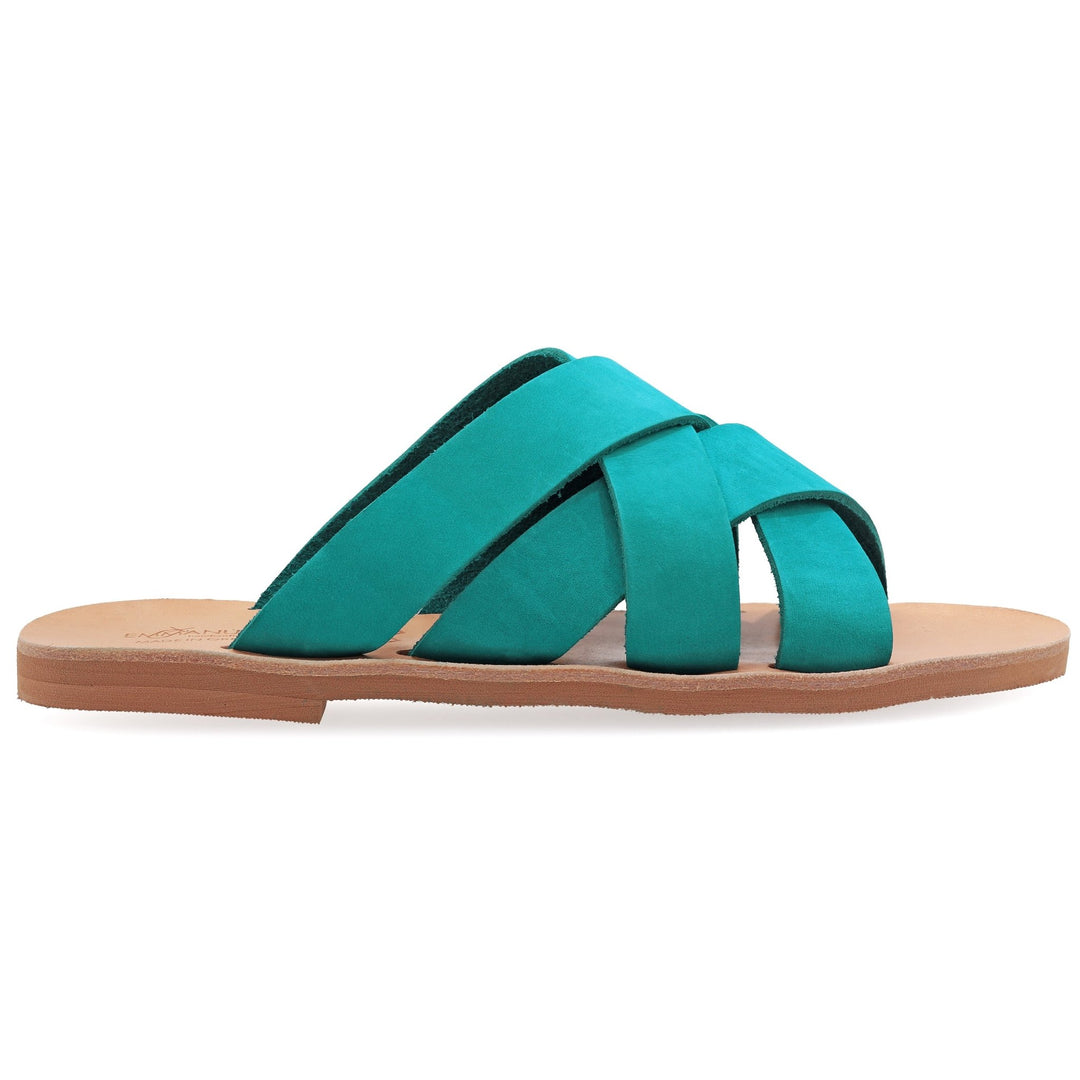 Δερμάτινα Σανδάλια παντόφλες "Θήρα" - Τιρκουάζ - Emmanuela - handcrafted for you®