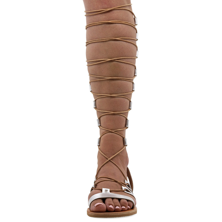 Emmanuela - handcrafted for you® Kniehohe Gladiator-Sandalen zum Schnüren "Jocasta" aus Beige leder